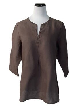 Eileen Fisher Brown Irish Linen Women's Split Neck Tunic Top. Size Medium